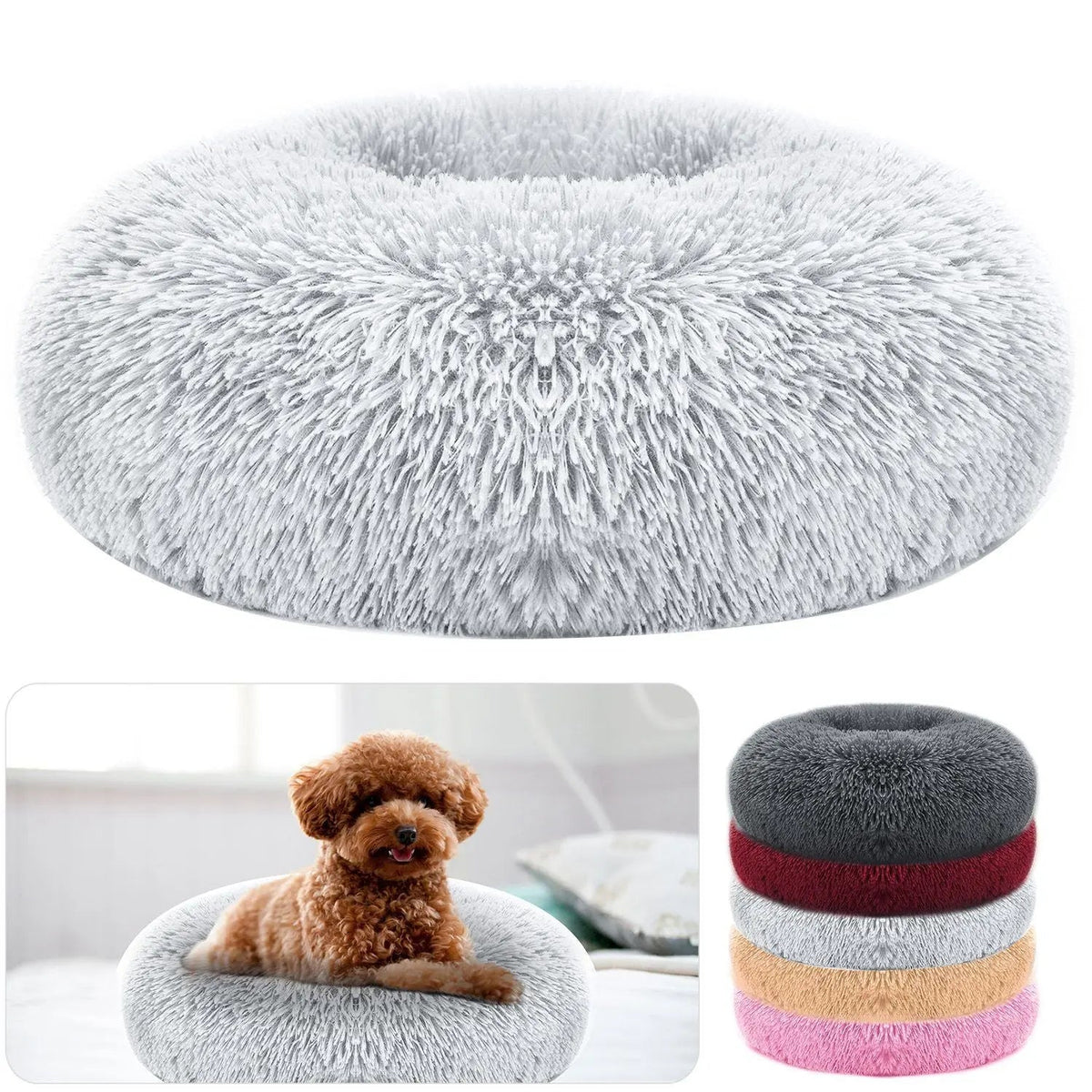 Gray faux fur donut bed shown from above, with a poodle curled inside one and the bed stacked in its other colors