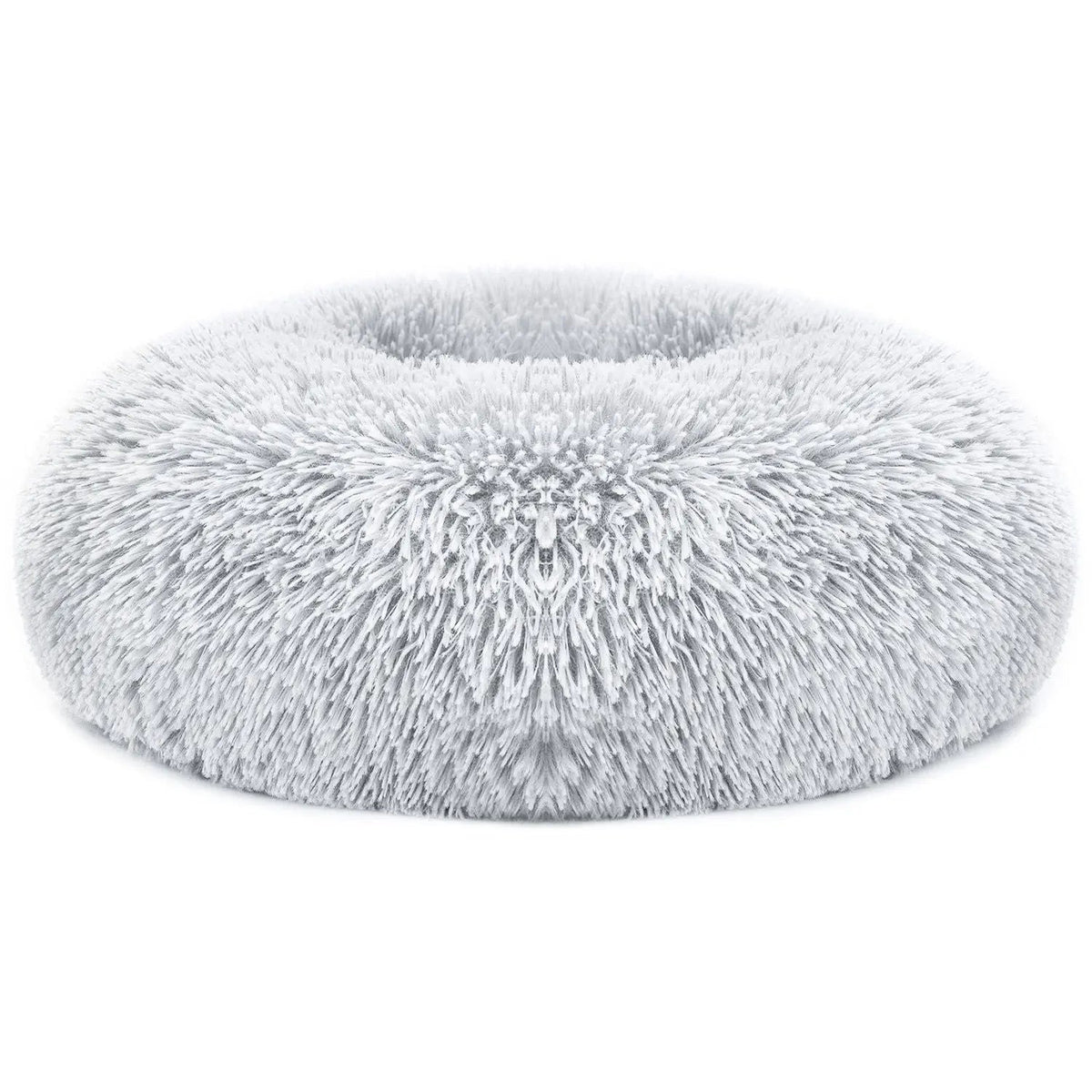 Light gray long faux fur donut dog bed on a white background