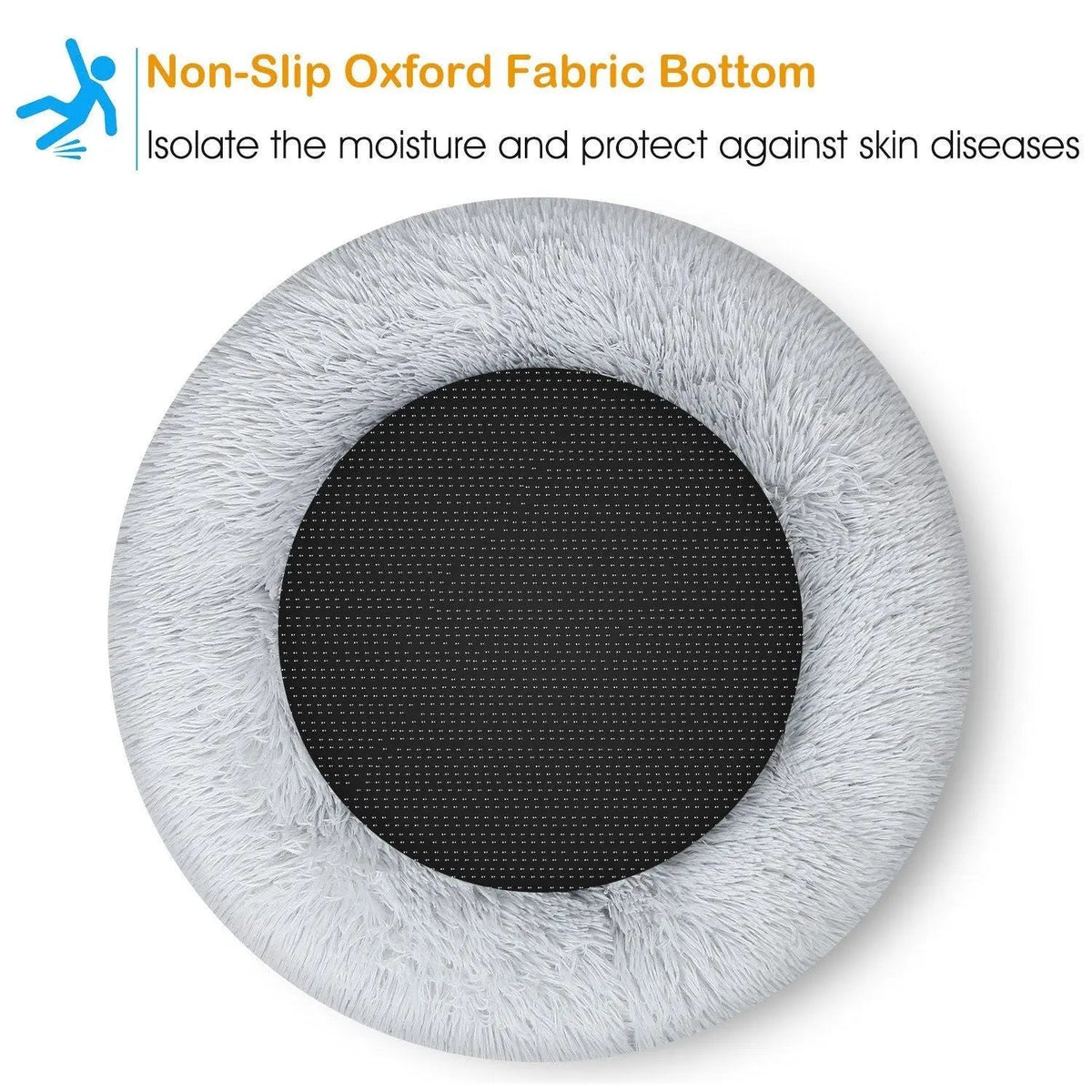 Underside of the donut bed showing the black non-slip Oxford fabric base that keeps out moisture