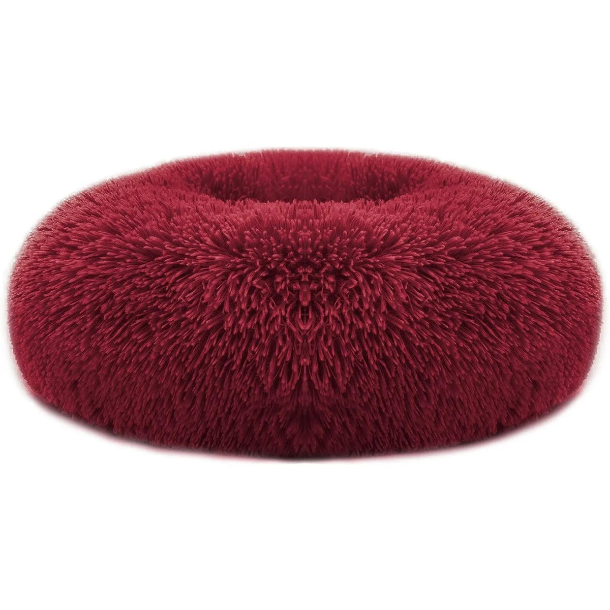 Burgundy red long faux fur donut dog bed on a white background