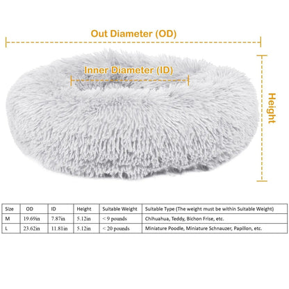 Size diagram of the donut bed showing outer diameter, inner diameter and height, with a table of sizes, weights and suitable breeds