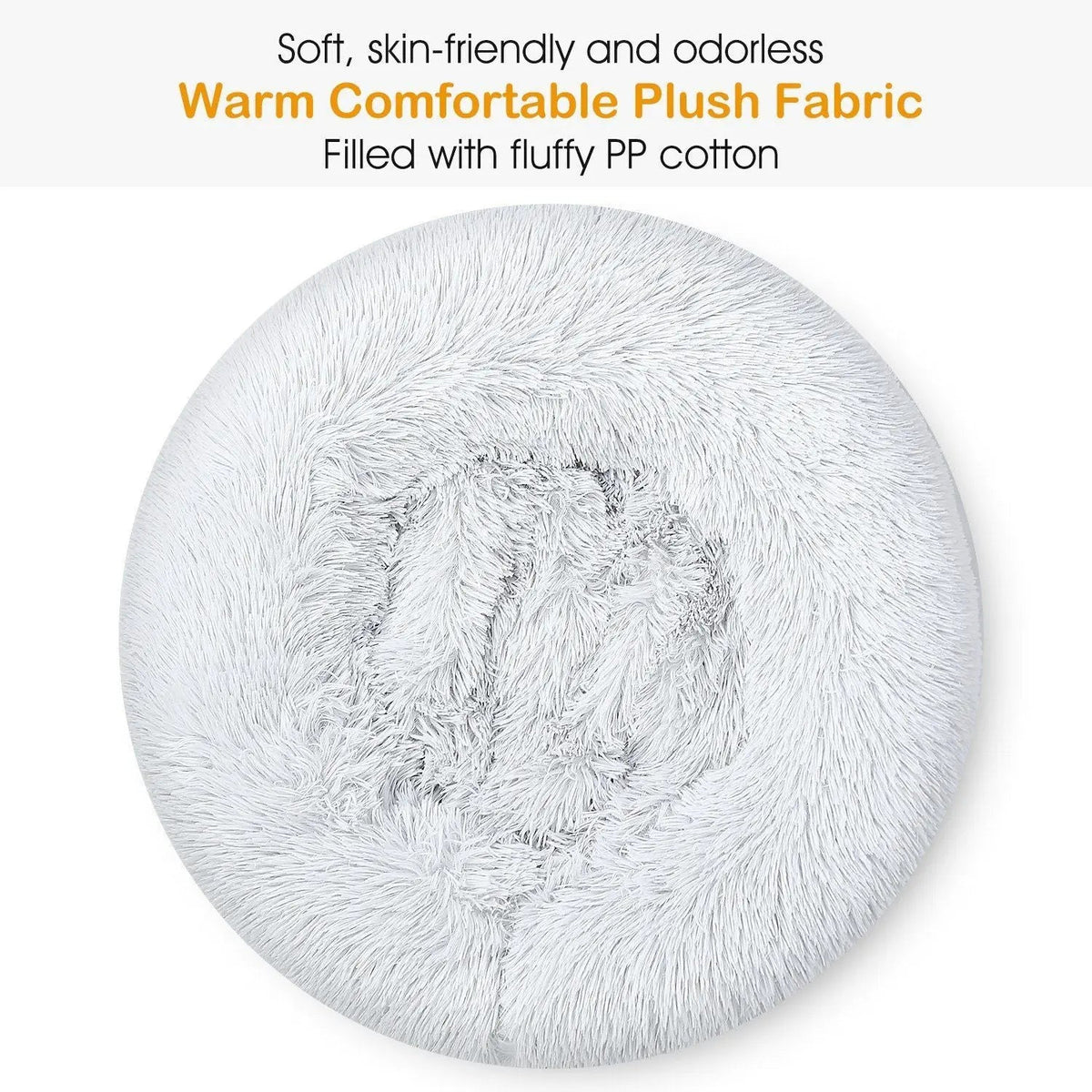 Top view of the gray donut bed labeled soft, skin-friendly and odorless warm plush fabric filled with fluffy PP cotton