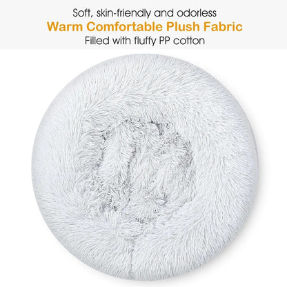 Top view of the gray donut bed labeled soft, skin-friendly and odorless warm plush fabric filled with fluffy PP cotton