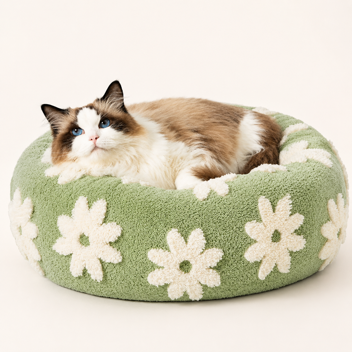 Ragdoll cat resting in the green daisy print calming donut dog bed.