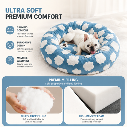 Infographic for the calming donut dog bed showing the raised rim, machine washable cover, fluffy fiber filling and high-density foam base.