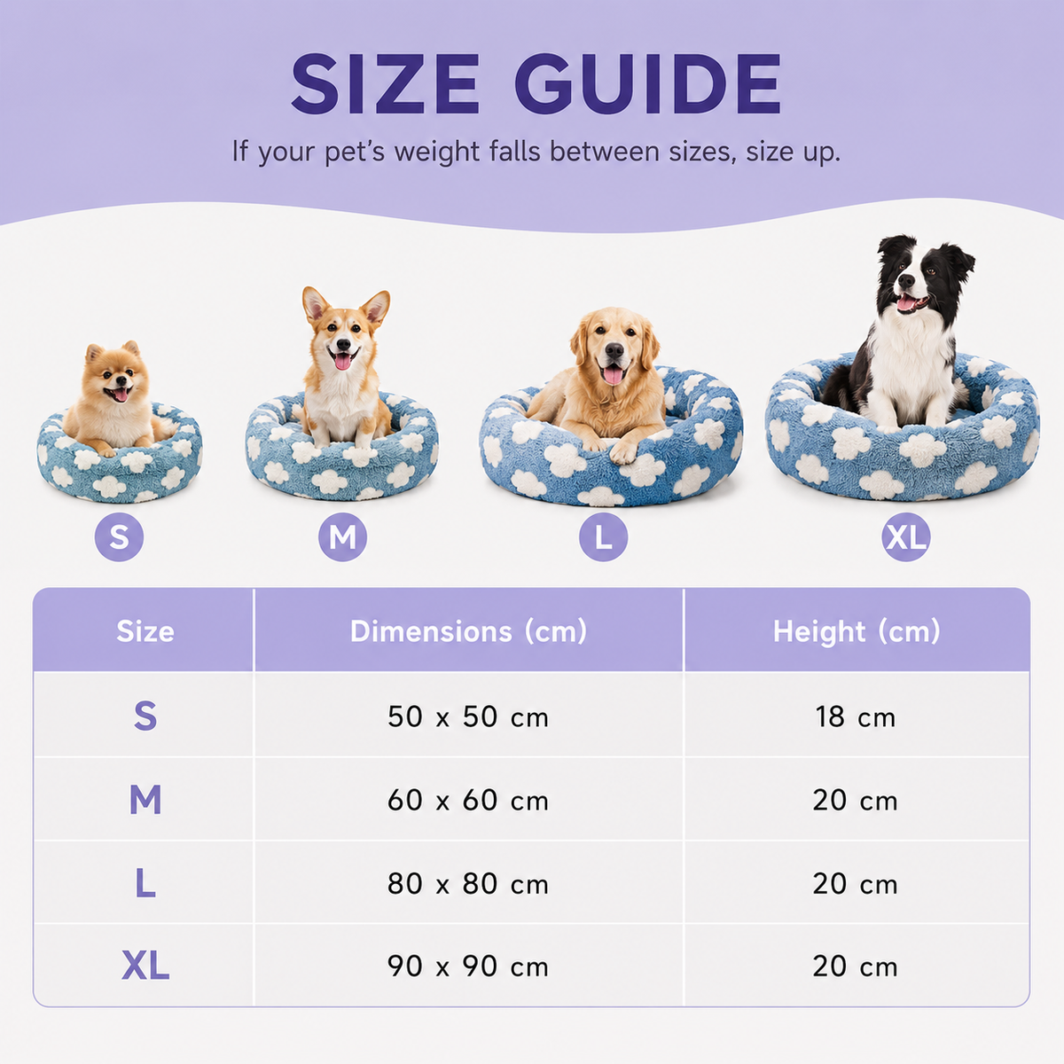 Size guide for the calming donut dog bed in S, M, L and XL with dimensions and height in cm, shown with four dog sizes.
