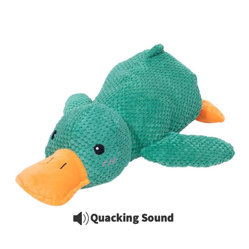 Green calming duck dog toy with an orange bill on a white background.