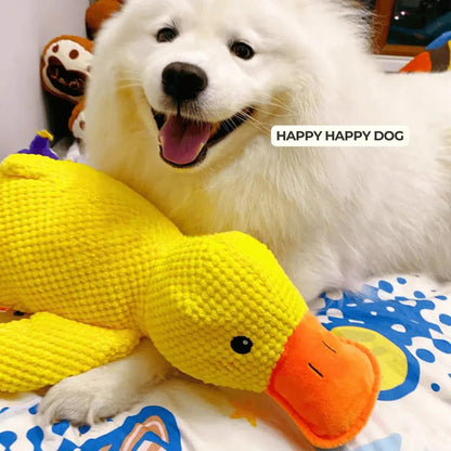 Samoyed lying beside the yellow calming duck dog toy on a bed.