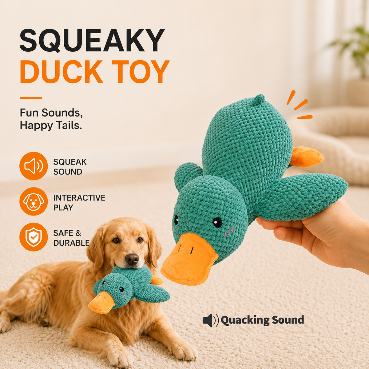Green calming duck dog toy held in a hand beside a golden retriever, with squeak sound, interactive play and safe and durable icons.