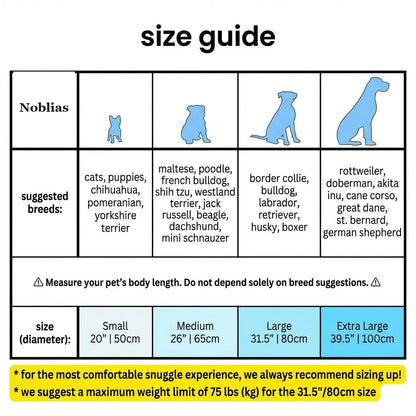 Size guide for the Noblias calming hooded cave pet bed showing Small 20 inch, Medium 26 inch, Large 31.5 inch and Extra Large 39.5 inch diameters with suggested breeds.