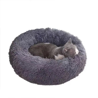 Gray cat curled up in the dark gray Noblias calming orthopedic dog bed with long plush fur