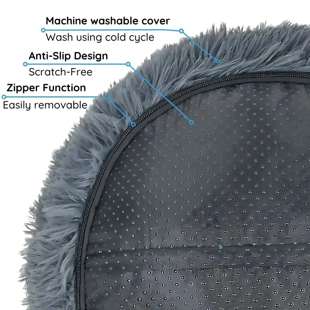 Underside of the calming dog bed showing the zipper on the machine washable removable cover and the anti-slip scratch-free base