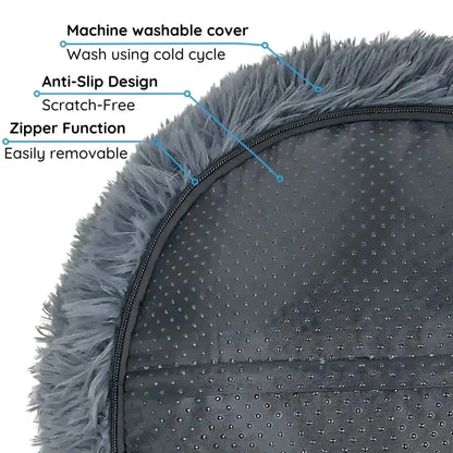 Underside of the calming dog bed showing the zipper on the machine washable removable cover and the anti-slip scratch-free base