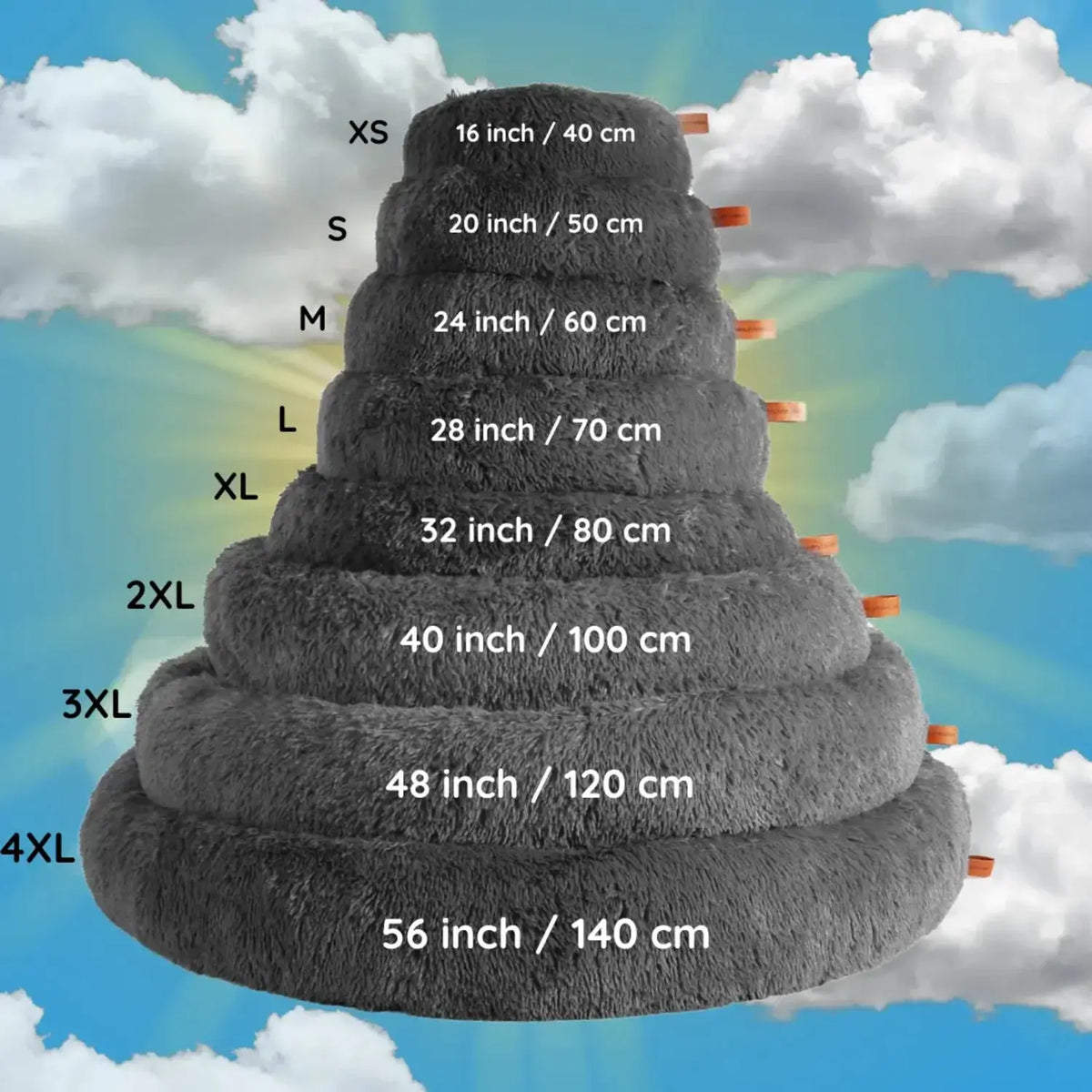 Size chart of the calming dog bed stacked from XS 16 inch to 4XL 56 inch