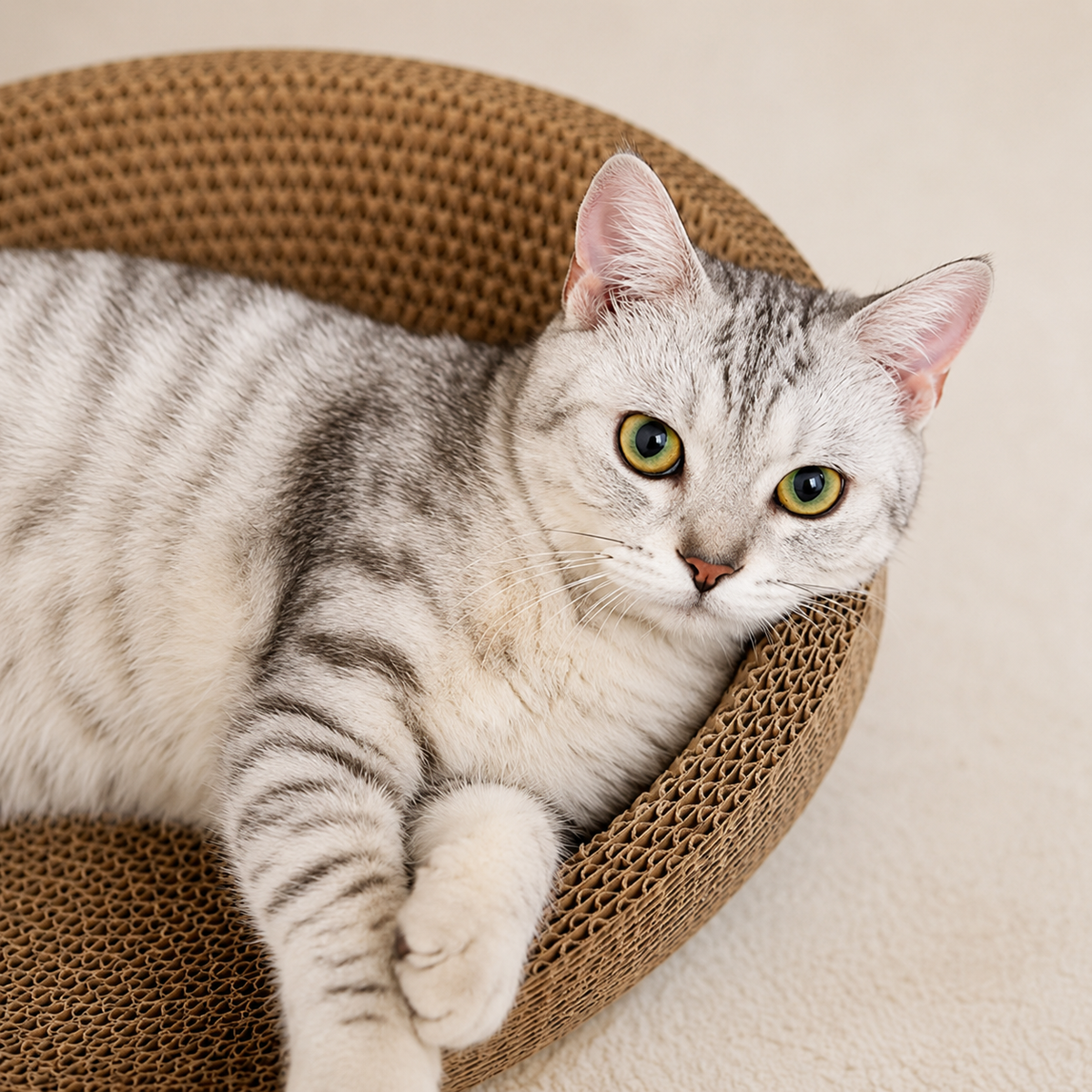 Silver tabby cat lying curled inside the raised rim of the Noblias cardboard cat scratcher bed.