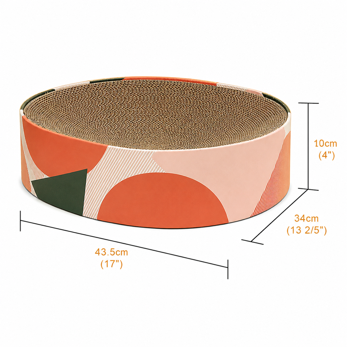 Size chart for the Modern Noblias cardboard cat scratcher bed: 43.5 cm long, 34 cm wide and 10 cm tall with a printed color band.
