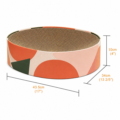 Size chart for the Modern Noblias cardboard cat scratcher bed: 43.5 cm long, 34 cm wide and 10 cm tall with a printed color band.