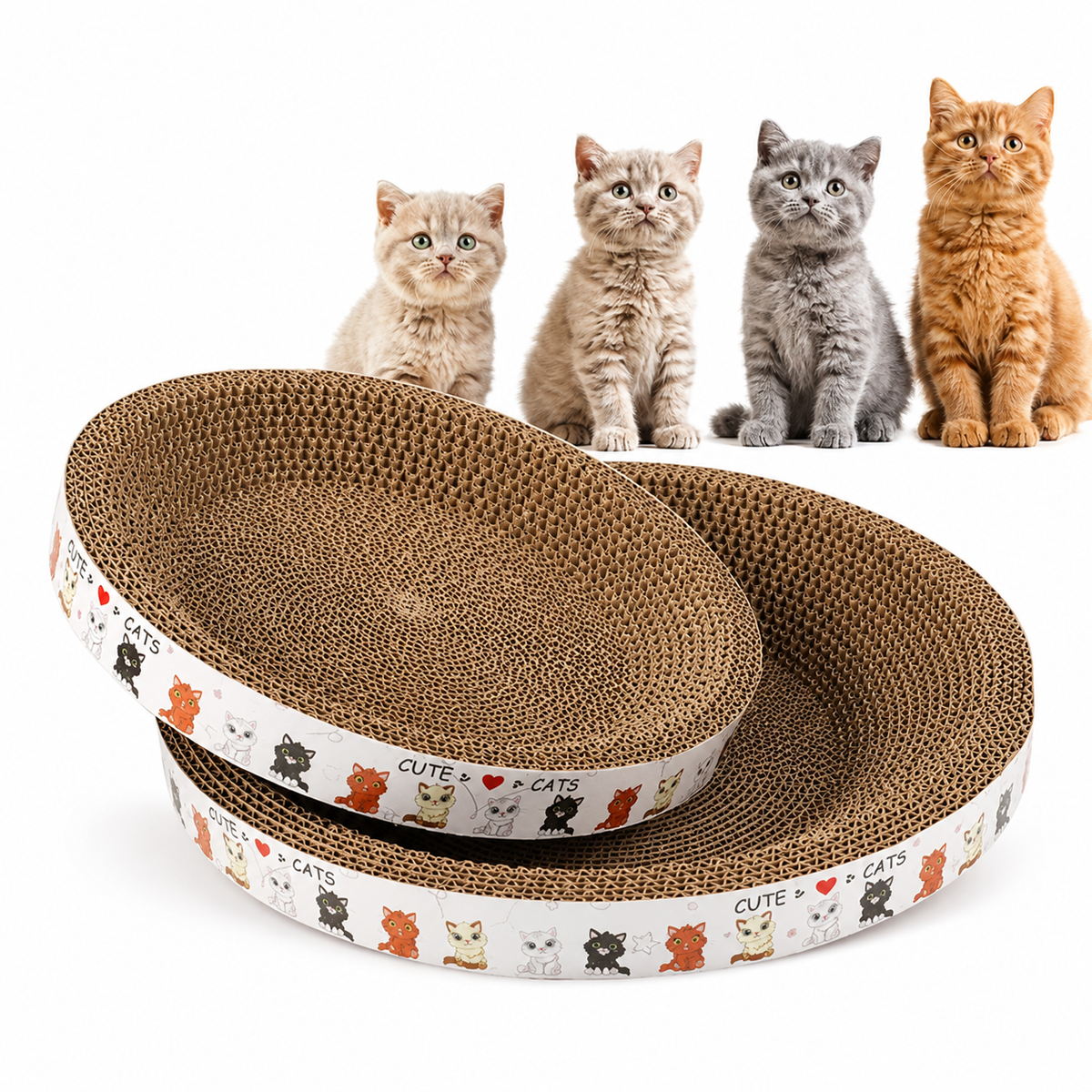 Two round Noblias cardboard cat scratcher beds stacked together with four kittens sitting behind them.
