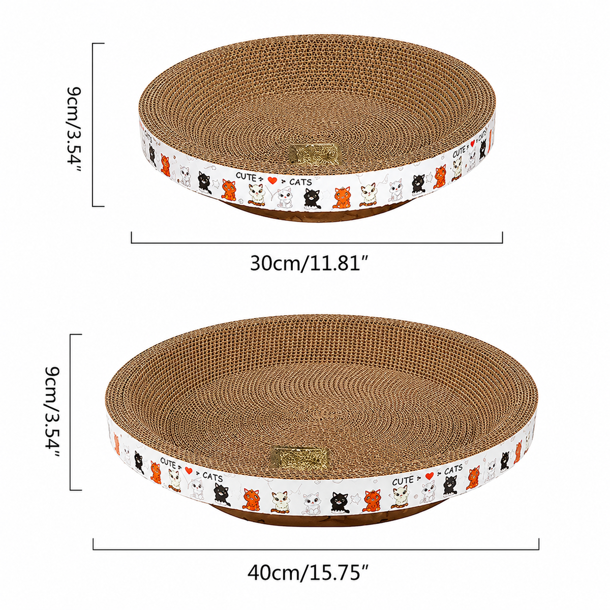 Size chart for the round Noblias cardboard cat scratcher beds: 30 cm and 40 cm across, both 9 cm tall.