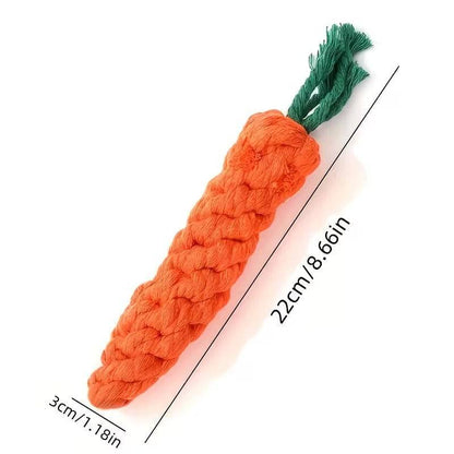 Carrot dog toy on white background with its length and diameter marked