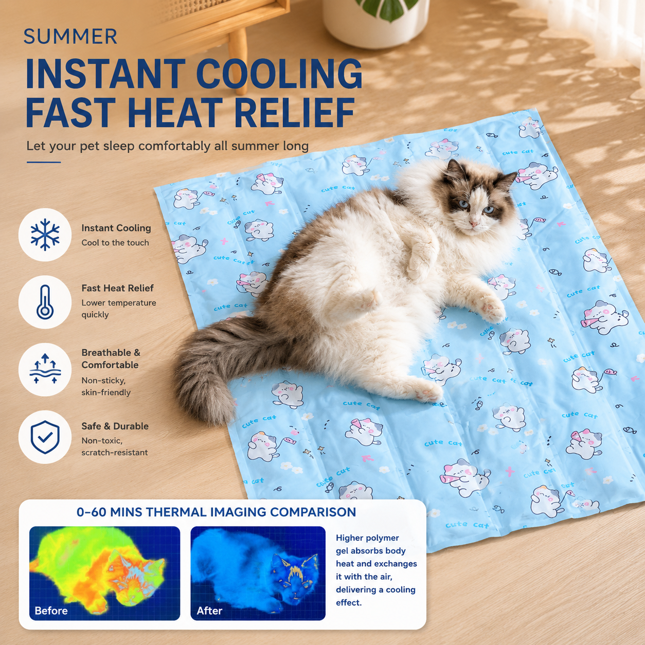 Noblias self-cooling pet mat for dogs and cats with orange carrot design, providing a cooling surface for pets.