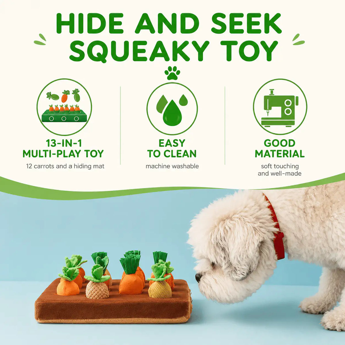 Noblias carrot snuffle mat shown as a 13-in-1 hide and seek squeaky toy with 12 carrots and one mat, machine washable.