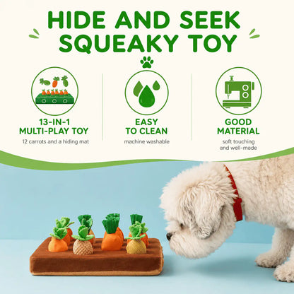 Noblias carrot snuffle mat shown as a 13-in-1 hide and seek squeaky toy with 12 carrots and one mat, machine washable.