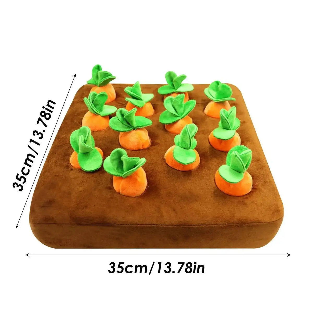 Dimension view of the Noblias carrot snuffle mat measuring 35 cm by 35 cm, or 13.78 inches square.
