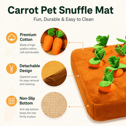 Features of the Noblias carrot snuffle mat: soft cotton plush, zippered detachable cover and a non-slip bottom.
