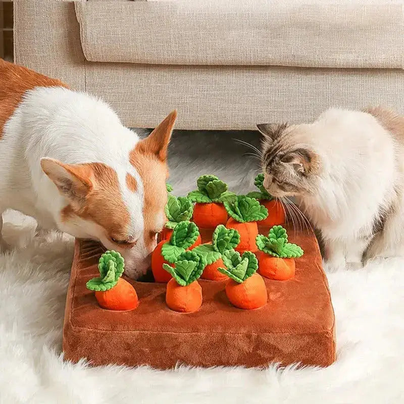 Dog and cat nosing through the Noblias carrot snuffle mat on a white rug.