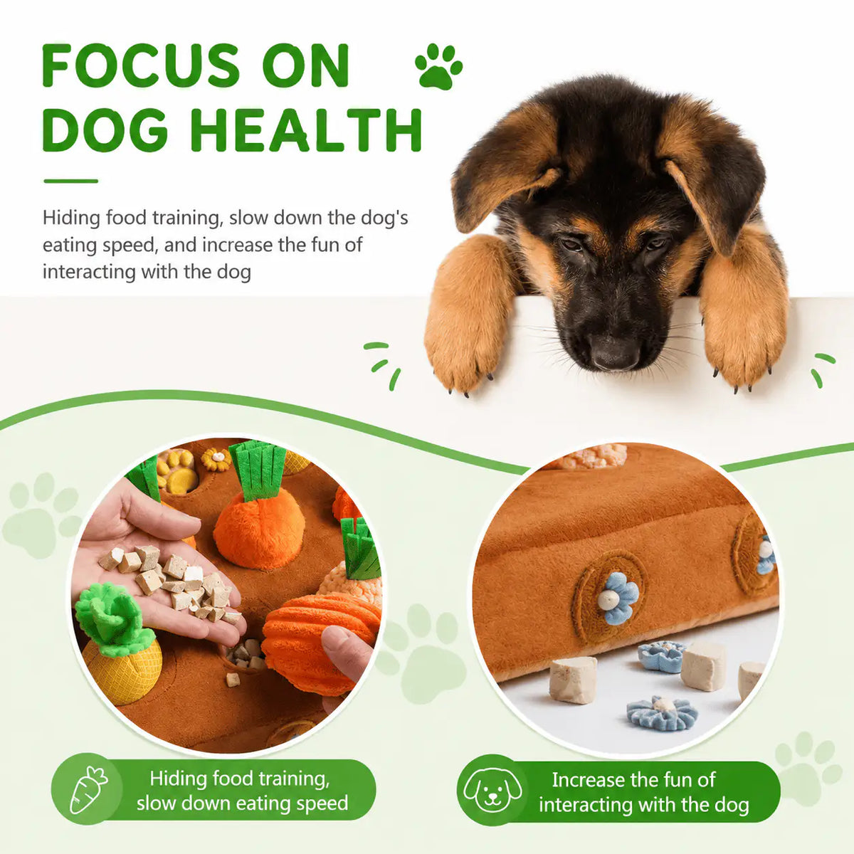 Treats being tucked under the carrots of the Noblias snuffle mat to slow a dog's eating and add nose work.