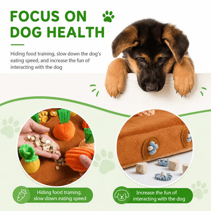 Treats being tucked under the carrots of the Noblias snuffle mat to slow a dog's eating and add nose work.