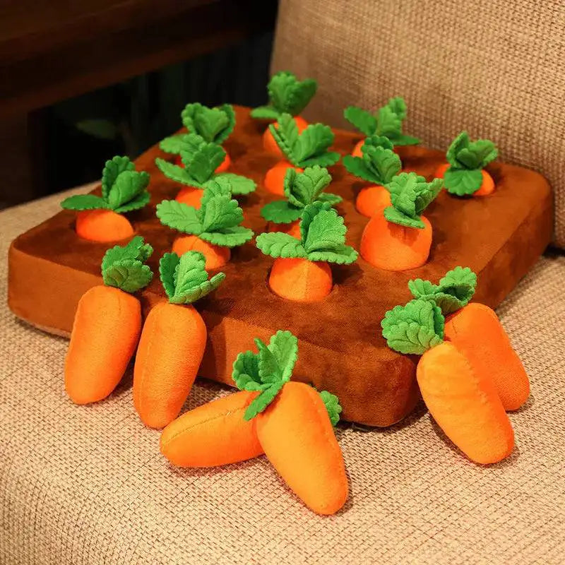 Noblias carrot snuffle mat with its twelve plush carrots, some planted in the mat and some resting alongside.