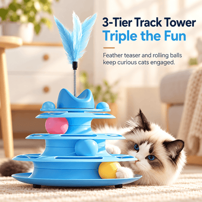 Blue three tier track tower with its feather spring beside a Ragdoll cat under the words three tier track tower
