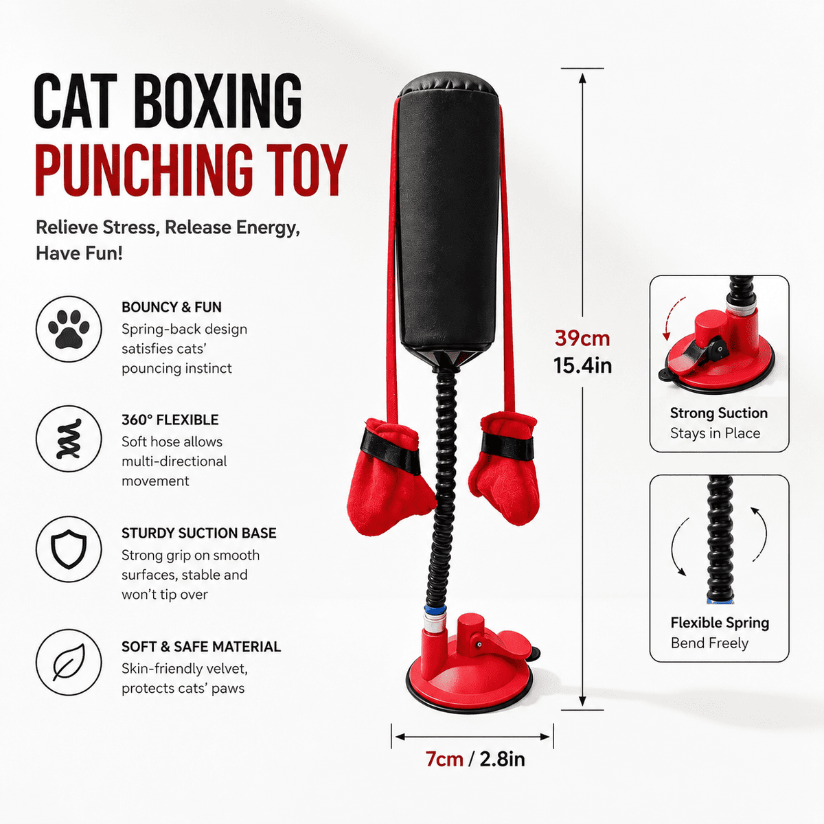 Cat boxing punching toy with feature callouts for the bouncy spring, 360-degree flexibility, sturdy suction base and soft material