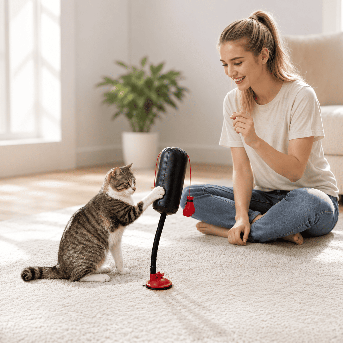 Woman sitting on the floor watching her tabby cat play with the cat boxing toy