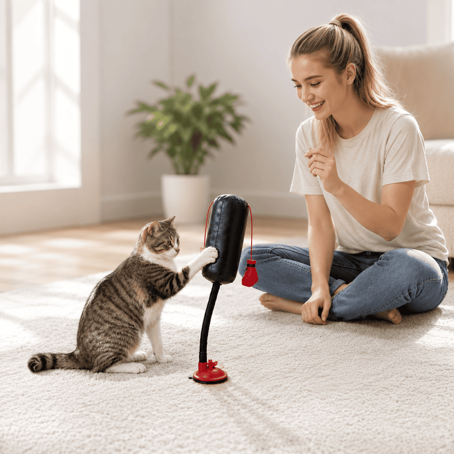 Woman sitting on the floor watching her tabby cat play with the cat boxing toy