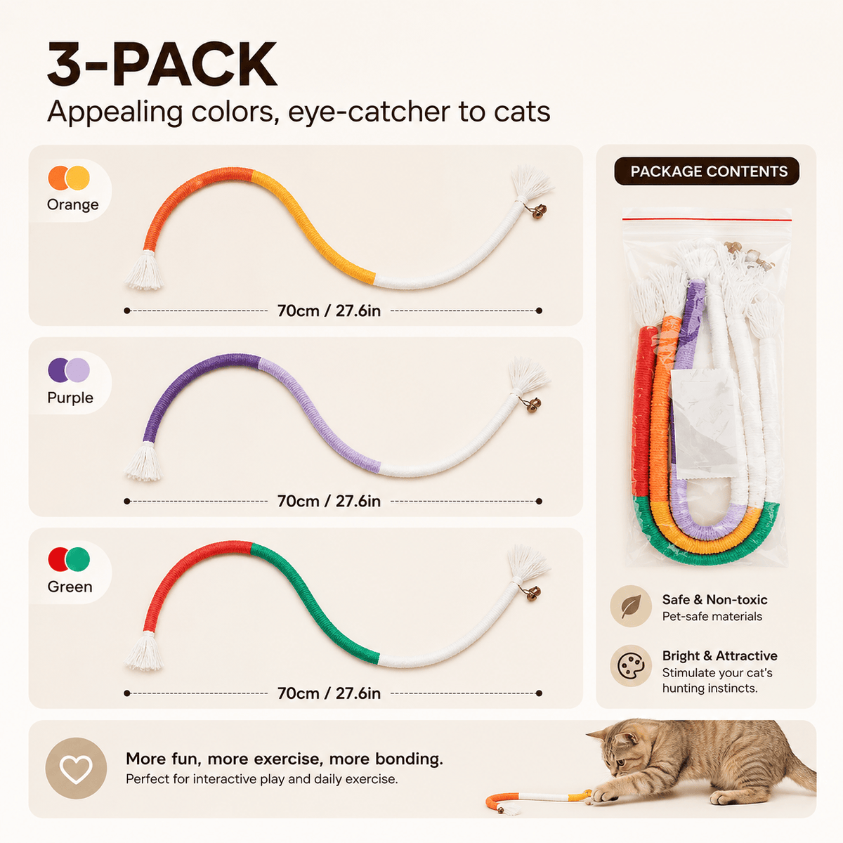 3-pack of cat chew rope toys in orange, purple and green with the length of each rope marked and the package contents shown