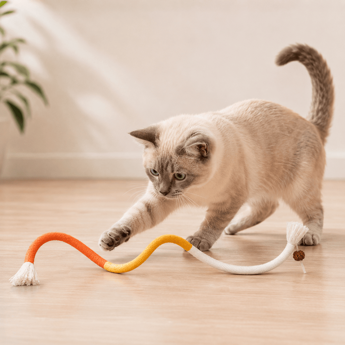 Cream kitten pouncing on the orange snake-shaped cat chew rope toy