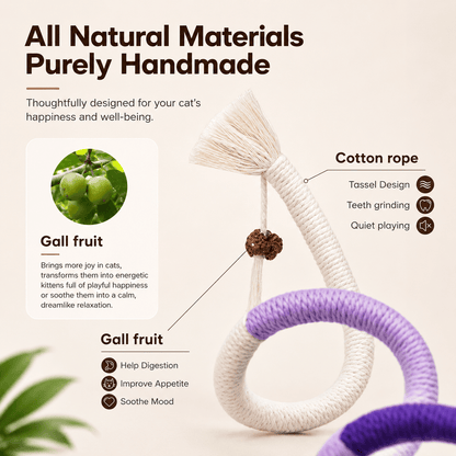 Close-up of the handmade cat chew rope toy showing the cotton rope, tassel and natural gall fruit bead