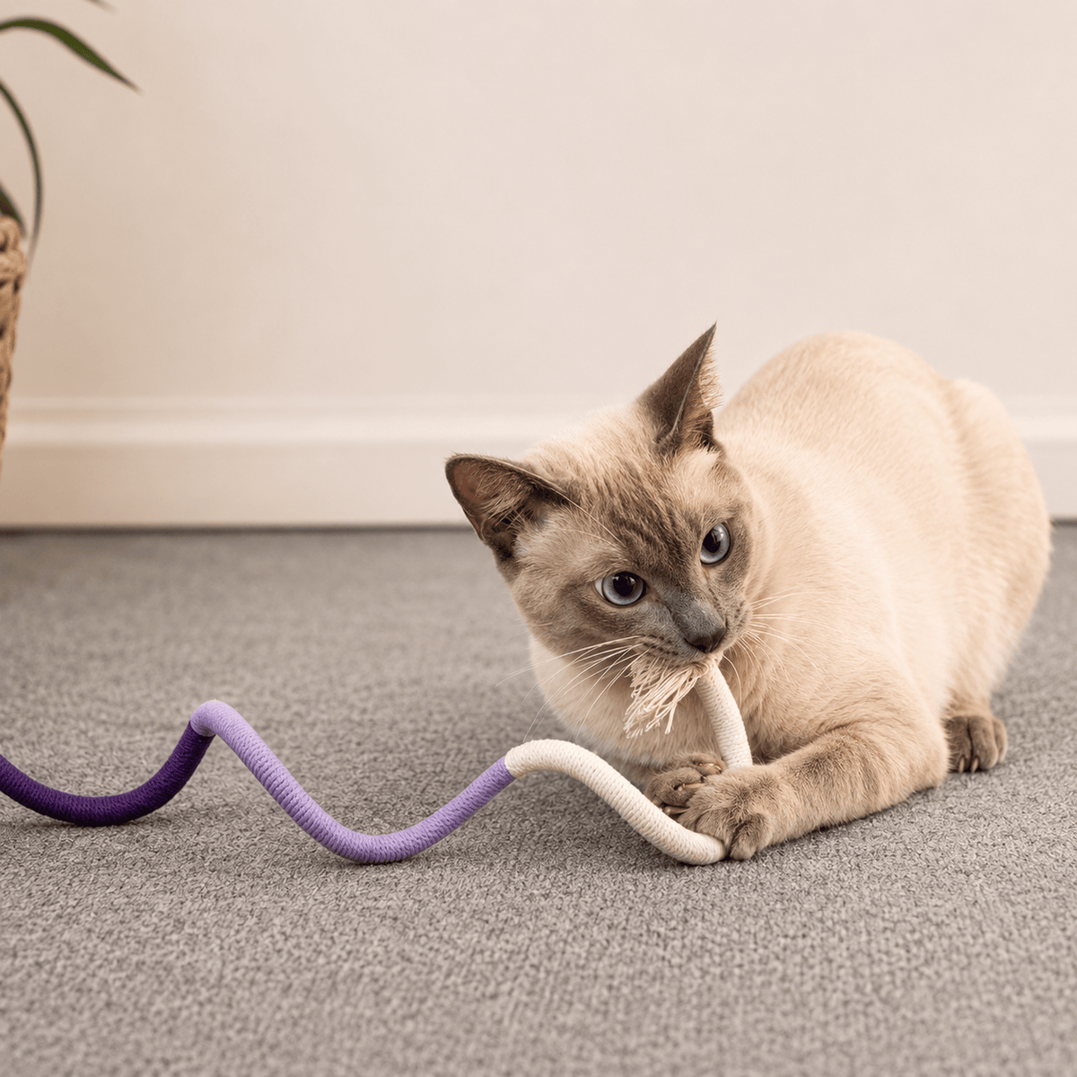 Siamese cat crouched on a carpet biting the purple cotton chew rope toy