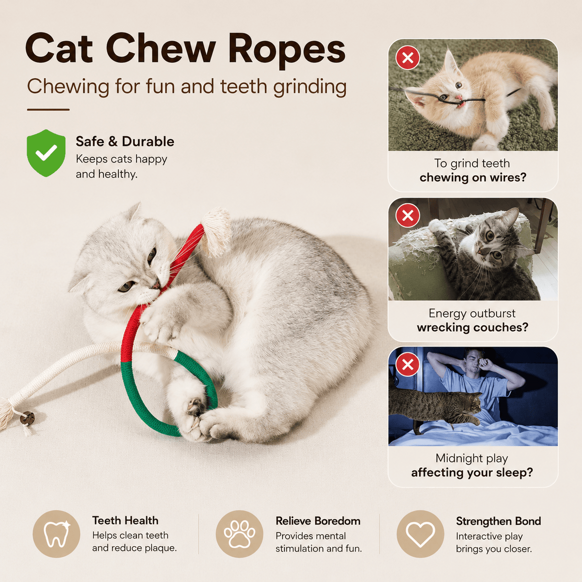 Cat chew ropes infographic: chewing for fun and teeth grinding, safe and durable, for teeth health, boredom relief and bonding
