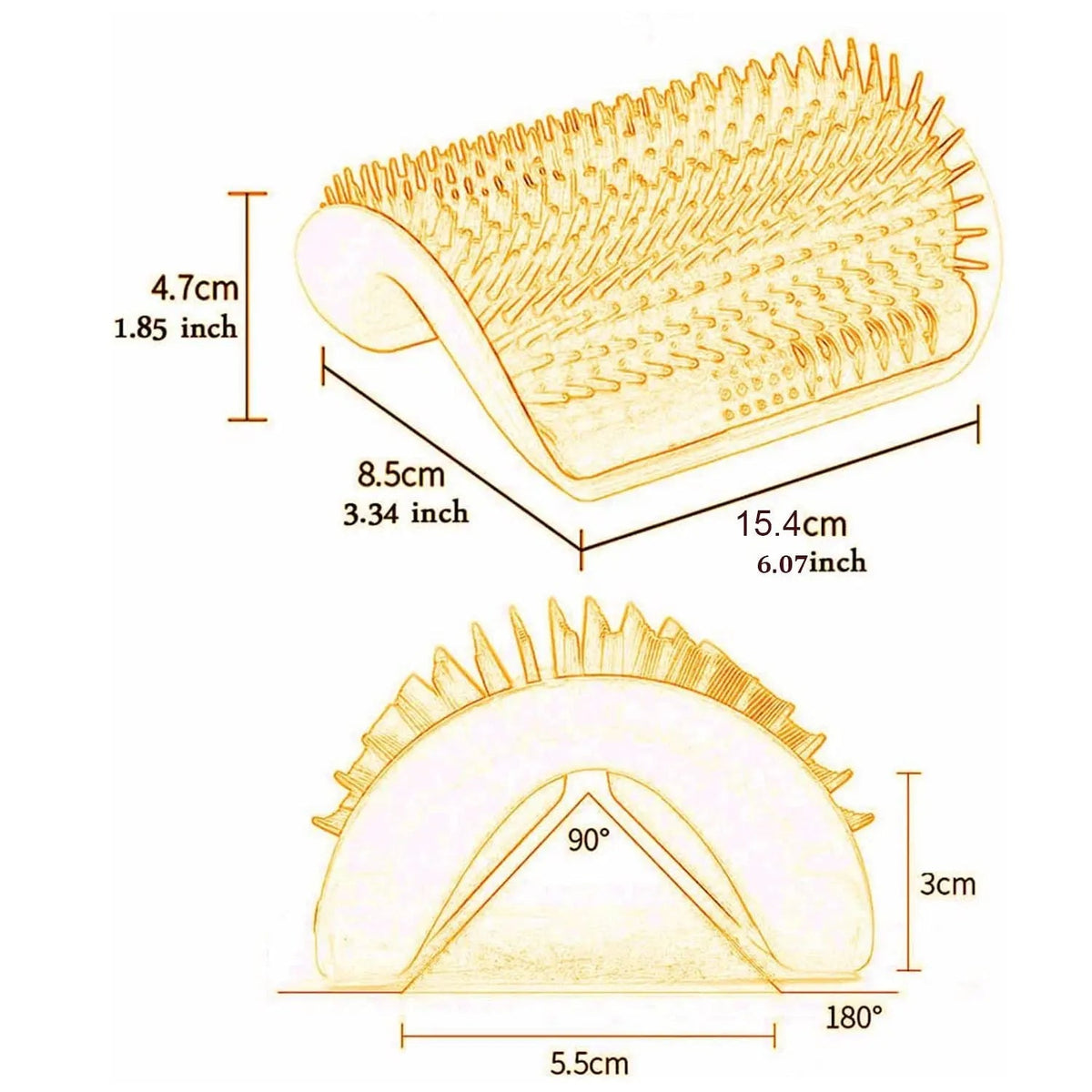 Cat corner self groomer with its 15.4 by 8.5 by 4.7 cm size and 5.5 cm corner base marked.