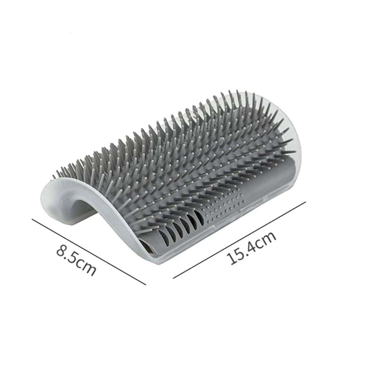 Gray cat corner self groomer with its 15.4 cm length and 8.5 cm width marked.