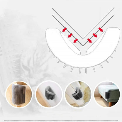 Diagram of the cat corner self groomer press-fitting onto a corner, mounted on a post, a door frame, a wall edge and a bed corner.
