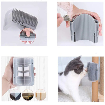 Four panels of the cat corner self groomer: the bristle head sliding off, catnip pushed into the back slots, the three slots on the back panel, and a cat rubbing on it.