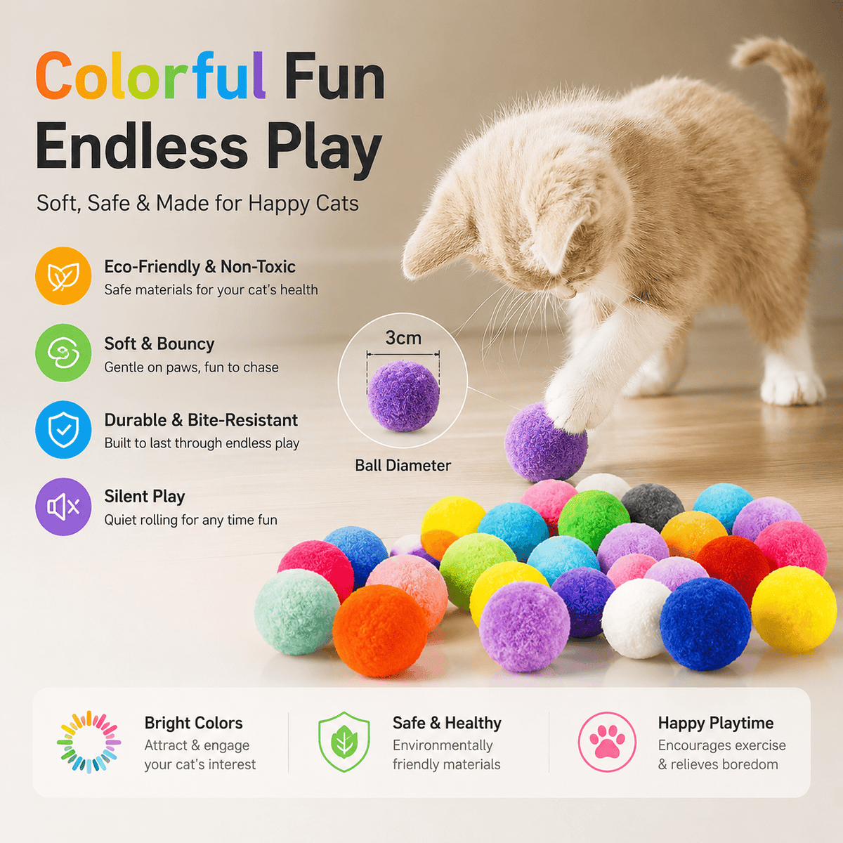 Kitten pawing at colorful plush pom-pom balls, with eco-friendly, soft and bouncy, bite-resistant and silent play callouts