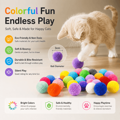 Kitten pawing at colorful plush pom-pom balls, with eco-friendly, soft and bouncy, bite-resistant and silent play callouts
