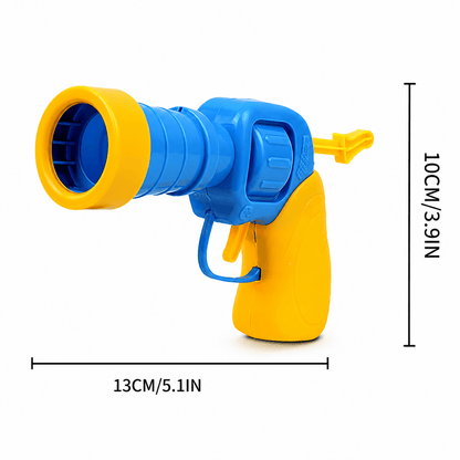 Blue and yellow cat fetch toy ball launcher on white with its length and height marked