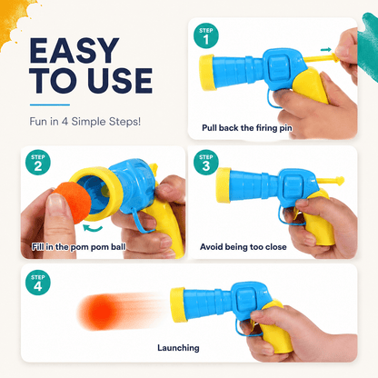 Four steps for using the cat fetch toy launcher: pull back the firing pin, load a pom-pom ball, avoid aiming too close, launch